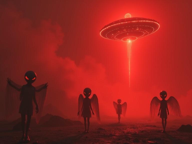 Scene depicting confusion in a hell-like environment. Dark spirits floating above. A UFO hovering in the air. Aliens with red eyes and angelic wings walking.