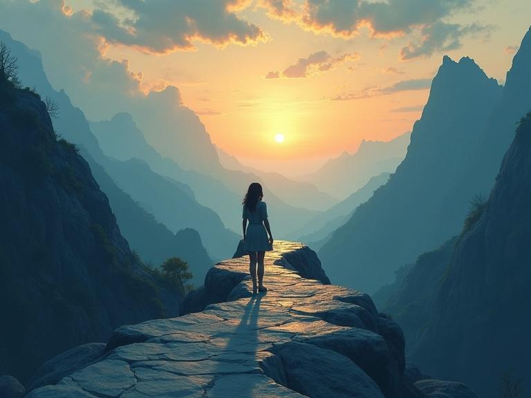 Illustration showing emotional journey of menopause. Woman in midlife on rocky path in dramatic landscape. Peaks of anxiety, valleys of sadness, hormonal changes in sky. Sunrise in distance symbolizes hope. Subtle visual metaphors. Modern minimalist style with muted colors.