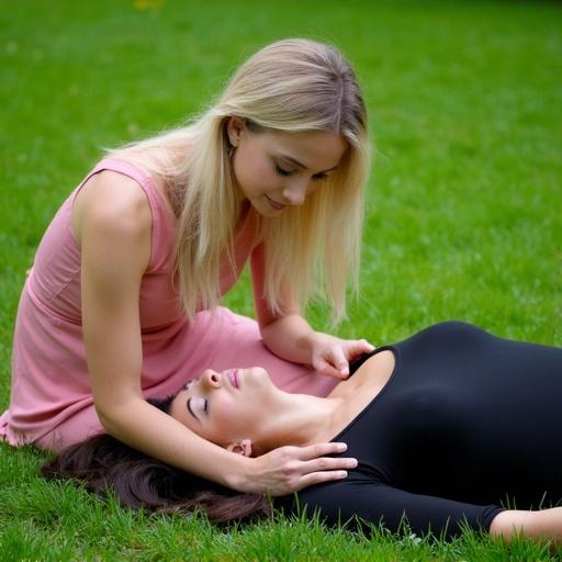 Two women outdoors on green grass. One with blonde hair and pink dress sitting down. The other with dark hair lying down. The blonde woman touches the dark-haired woman's shoulders. A serene and intimate atmosphere is present.