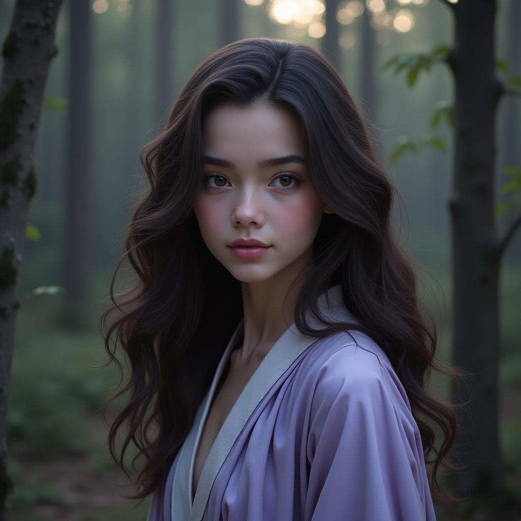 Portrait of a girl in a mystical forest at twilight. She has long wavy dark brown hair with golden highlights. Her almond-shaped hazel eyes, full pink lips, and button nose are prominent. She wears a lavender and silver robe. Soft lighting enhances her features.