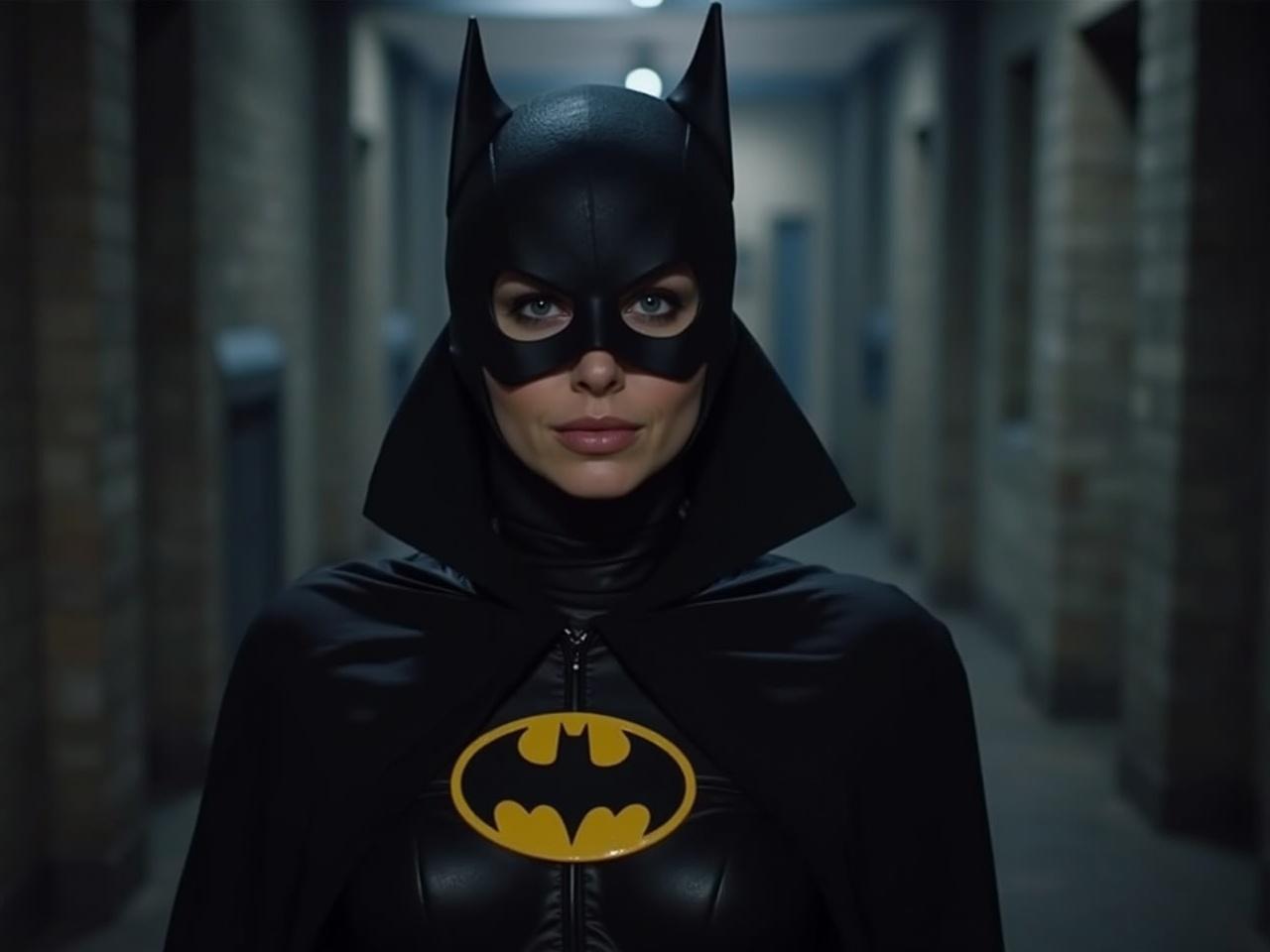 The image features a woman dressed as Batgirl, standing confidently in what resembles a dark corridor. She wears a traditional Batgirl costume complete with a cowl and cape, prominently displaying the iconic bat logo on her chest. The setting conveys a sense of mystery, reminiscent of the Batcave. The lighting is low and dramatic, emphasizing her serious expression. This portrayal pays homage to the classic superhero genre, appealing to fans of comics and cosplay.