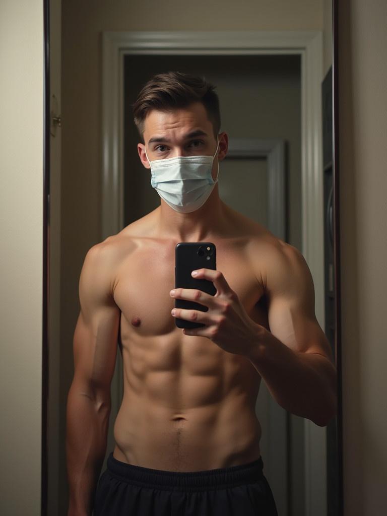 A shirtless man takes a selfie in a mirror. He showcases a toned and muscular physique. The background is a neutral color. The photo captures the subject from an eye-level perspective.