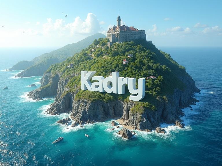 High-resolution ultra-realistic poster of a vast miniature ocean island with Kadry. 3D letters blend into terrain carved in cliffs. Scene depicts bright sunny day, vivid colors, cinematic lighting with realistic details. Includes seagulls, boats, aerial perspective. Ultra HD 8K+ resolution.