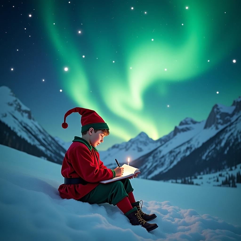 The image illustrates a young boy dressed as an elf, sitting on a snowy hilltop, and eagerly writing in a notebook. His classic red outfit and hat evoke a festive spirit. Above him, the night sky is alive with vibrant northern lights, casting shades of green and blue. The snow-covered mountains serve as a breathtaking backdrop, completing the enchanting winter scene. This whimsical depiction captures the essence of childhood and the magic of the Christmas season.