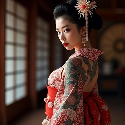 Ultrarealistic photo showcasing a beautiful geisha with full body tattoos. The focus is on her intricate tattoos and traditional attire, capturing the essence of Japanese culture and beauty.