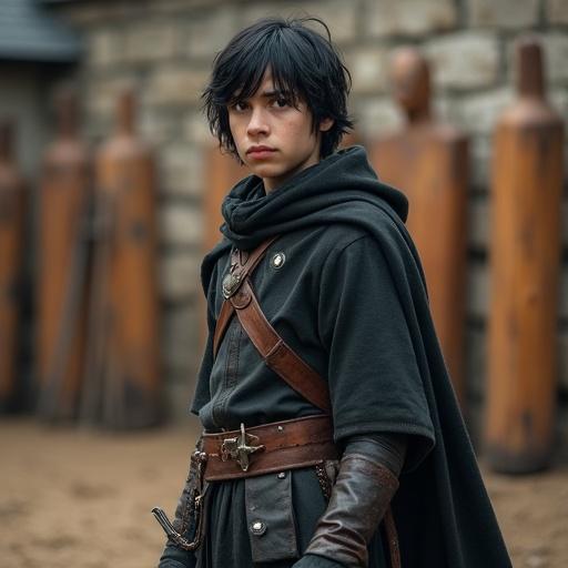 Teenage boy stands in a medieval European training ground. He wears lightweight scout armor with a dark leather jerkin and a hooded cloak. His expression is calm with a hint of determination. Wooden dummies and stone walls are present in the background. He has medium-length black hair with subtle red highlights. His posture is poised and alert. The scene is bathed in soft natural light.