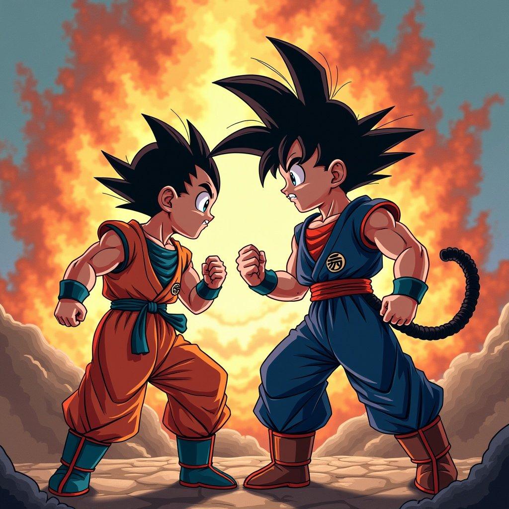 Gohan and Goku face each other in a fighting stance. Background is fiery with dramatic colors. Both characters have distinct hairstyles and outfits. Gohan is wearing an orange gi, and Goku is in a blue gi. They are in an intense moment, ready to engage in battle.