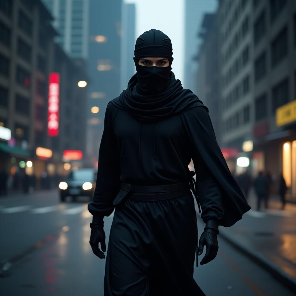 A ninja in a modern dark outfit walks through a city at night. The outfit includes a face-covering sahara mask and a flowing cape. The scene is dark with towering buildings.