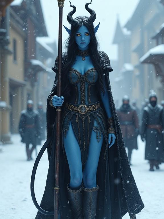 High fantasy scene in a snowy medieval town featuring a beautiful young devil woman with blue skin, long black hair, and curled horns. She wears a sleeveless corset dress, a heavy black cape, and carries a lance. Snow covers the ground.