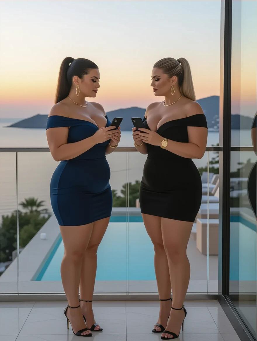 Two chubby women with long necks and hourglass figures stand face to face. One wears a navy blue dress. The other wears a black dress. Both wear black high-heeled sandals. They hold iPhones X close to each other. The background shows a sunset view from a glass balcony.