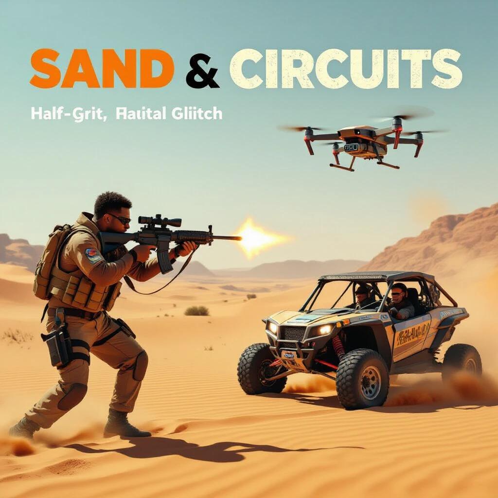Title reads 'SAND & CIRCUITS' featuring a half-grit and half-digital glitch design. A character aims a sniper rifle. A dune buggy is present. The environment is a desert. A drone is in the sky with sharp focus. Heat haze appears on the desert sand.