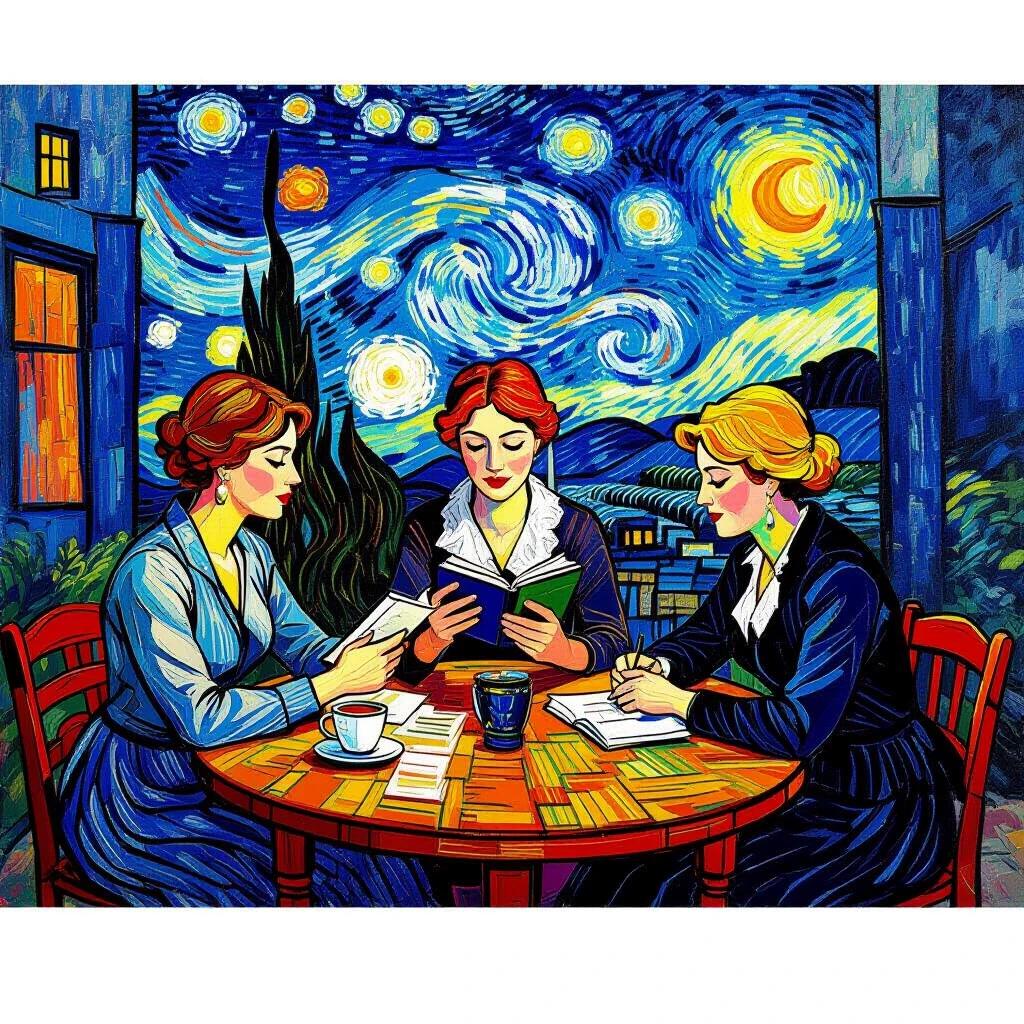 Three women are sitting at a table. One woman is reading a book. The setting is lively with vibrant colors. The background features a starry night sky.