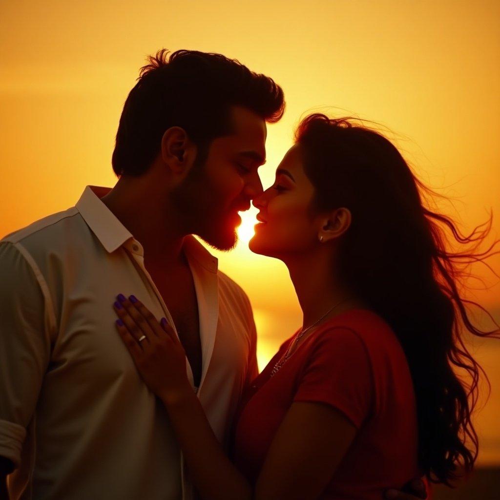 Silhouette of a couple about to kiss at sunset. Warm orange and yellow sky. Focus on their faces and intimate expression.