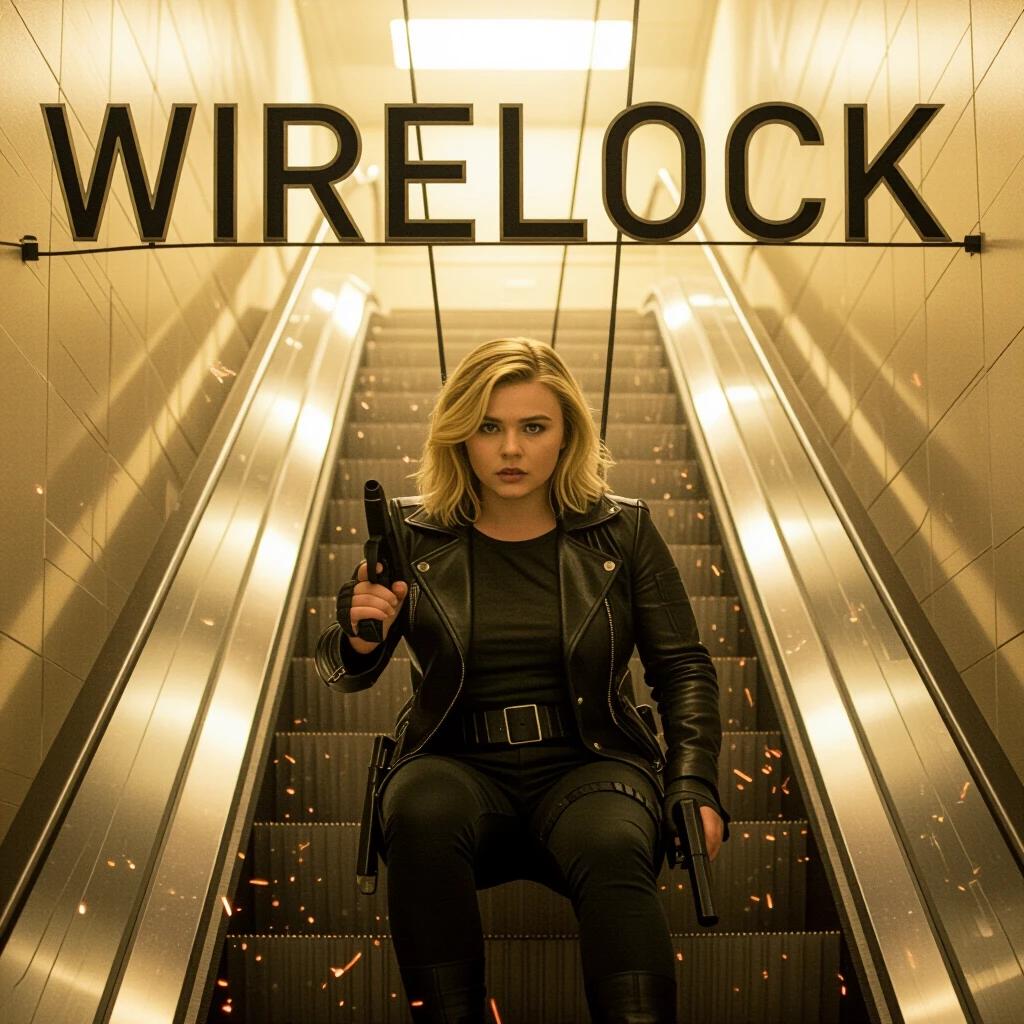 Title reads WIRELOCK in block letters. Woman sits on escalator holding a weapon. Industrial design with amber hues. Sparks in the background.