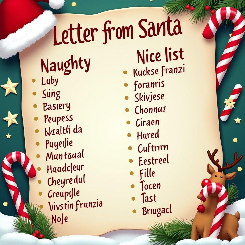 Letter from Santa features naughty and nice list with names. Nice list includes Tristin Franzi. Decorated with candy canes stars and reindeer.