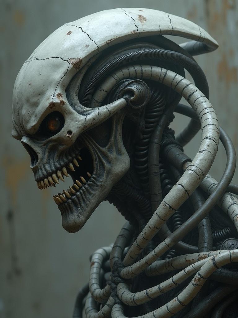 Depicts a mechanical skull with intricate wires attached. The representation embodies elements of horror with a biomechanical twist. The figure is shown in a close-up view highlighting its features and details. Alien aesthetics are incorporated in the design.