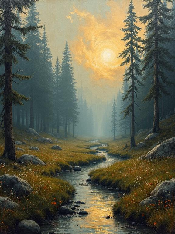 A serene landscape depicting a forested area with a stream and sunset. Tall trees surround the scene, and rocks are present by the water. Soft light creates a peaceful atmosphere.
