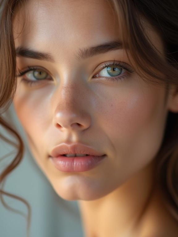 Close-up image of a young woman focusing on her face. She has clear skin, delicate features, and soft lighting. Eyes and lips are prominent. Hair has light waves. A serene and natural expression.