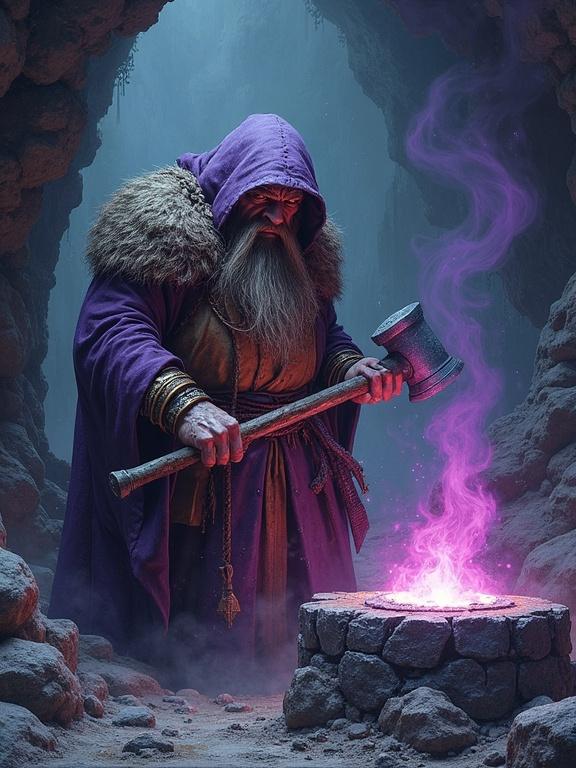 Dwarven artificer in dark caves near anvil and smithing forges. Wielding hammer while muttering to himself about evil creations. Purple aura of chaos around twisted form. Chuckling ominously.