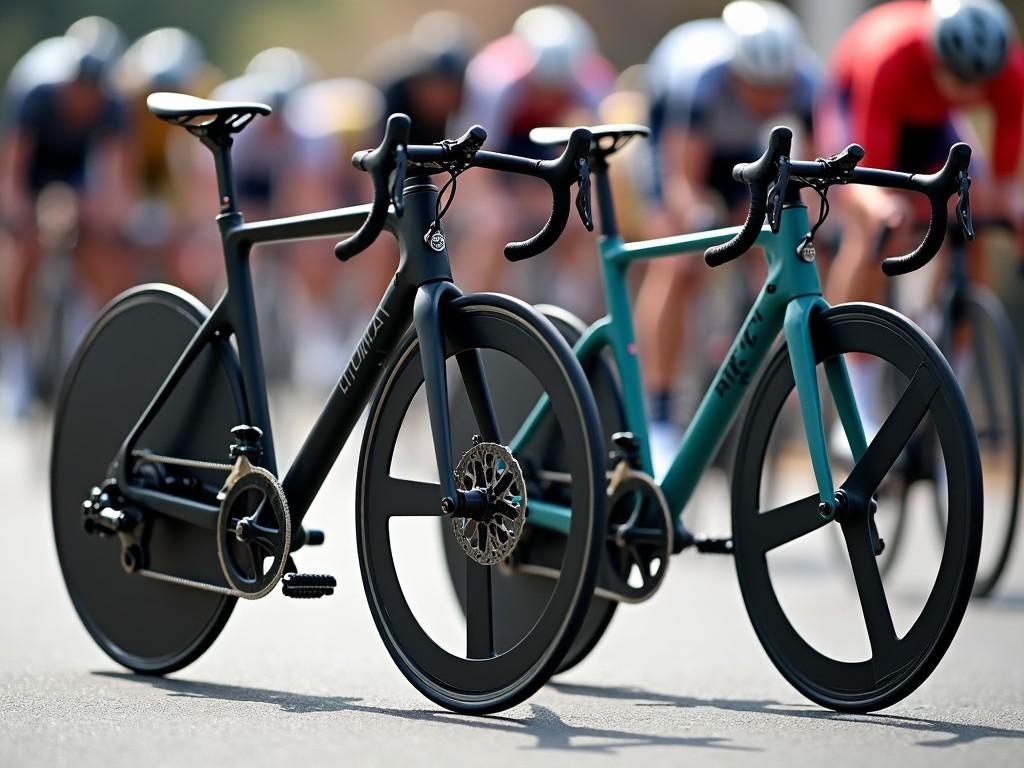 This image features two high-performance bicycles—one is a sleek road bike, and the other is a specialized time trial bike. Both bikes are displayed prominently in the foreground, showcasing their modern design and features, including aerodynamic frames and unique wheel designs. The road bike has a vibrant teal color, while the time trial bike is a sophisticated matte black. The background displays blurred cyclists in motion, emphasizing the competitive nature of the sport. A soft natural light highlights the details of the bicycles, making them visually appealing and suitable for promotional purposes.