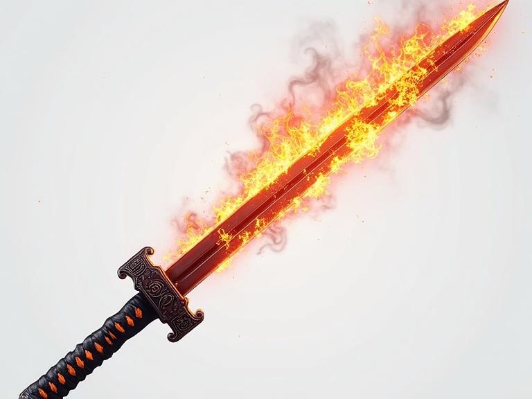 A katana on fire features a curved blade designed as a fantasy RPG asset with a transparent background.