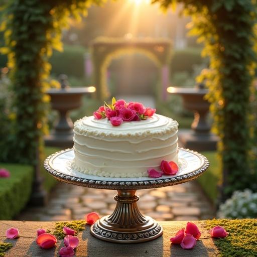 A cream cake displayed on a Rococo silver stand in a garden. The cake has visible icing details. The background features a garden styled like Versailles with fountains and peony bushes. A vine-wrapped iron pergola is illuminated by the sun's golden glow. Scattered rose petals are on the edge of the plate. High-resolution shows texture and details of the garden steps.