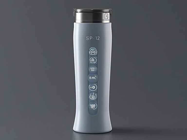 Self-cleaning tumbler features LED indicators for monitoring electrolyte-adjusted water intake goals. Modern design with smooth surface and sleek shape. Ideal for health-conscious individuals.