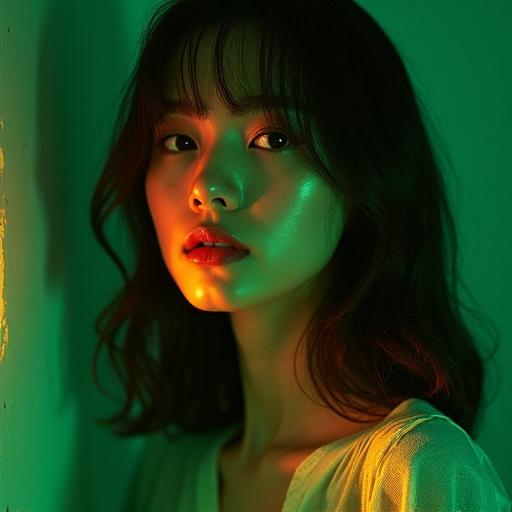 A dreamy night portrait with a model featuring a green, orange, and yellow-green color palette. The composition highlights the model's serene expression against a softly lit background.