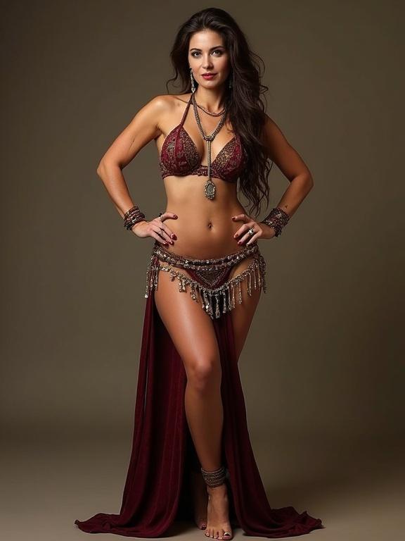 Belly dancer standing confidently. Mature woman with long hair. Wearing a decorative costume with jewelry. Bare feet revealing manicured colorful toenails. Anklets adorning her legs.