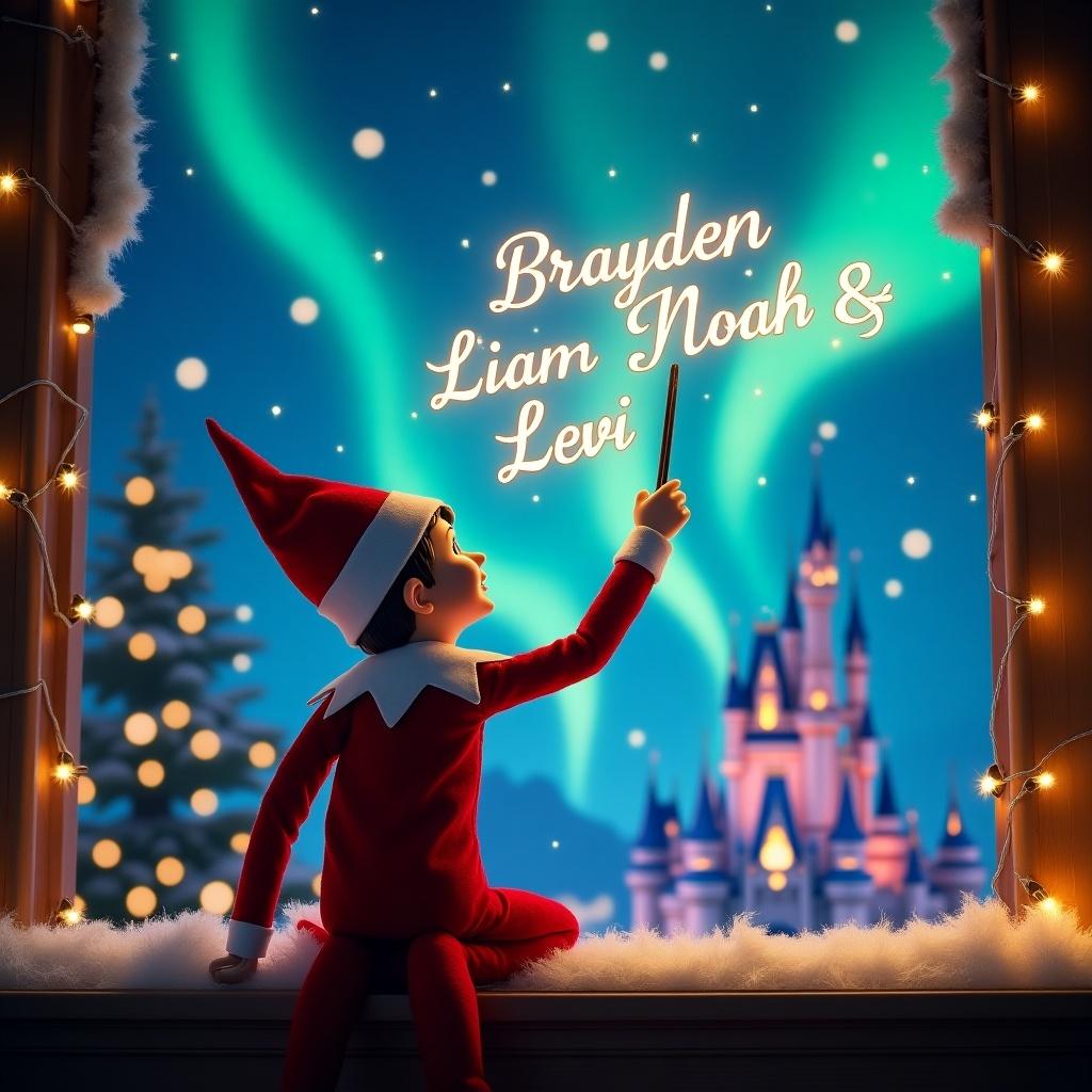 An enchanting Christmas scene features an elf on the shelf facing the sky. The elf, dressed in red and white, holds a magic wand, writing names in glowing script above. The background boasts vibrant northern lights, enhancing the magical atmosphere. A Disney castle is visible, adding a whimsical element. The scene embodies the spirit of Christmas, evoking wonder and delight. The positioning of the elf creates excitement, capturing the joy of the holiday season.