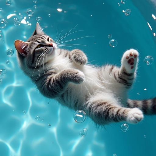 Photorealistic image of a gray Maine Coon cat with white paws floating on its back in a blue pool. Cat appears relaxed with eyes half-closed. Crystal-clear water with bubbles rising. Light reflections on wet fur. Blurred background with soft shadows.