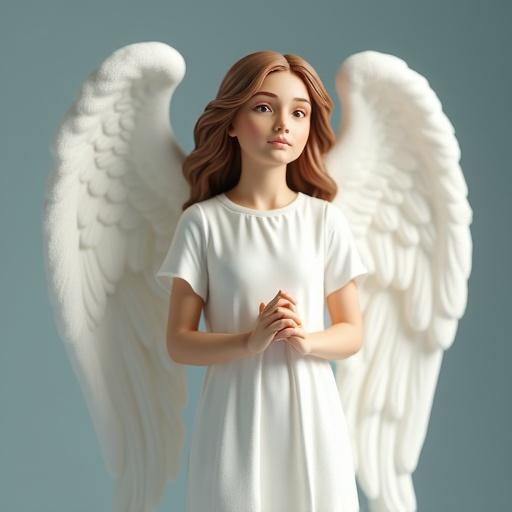 A guardian angel in white with small white wings. The figure looks ultrarealistic and serene.