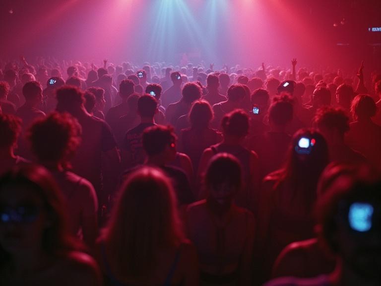 Image of a crowded techno party in Berlin from 1992. People with large pupils, hands raised, vibrant atmosphere. Red and purple lighting creates an energetic vibe. Focus on the crowd and their reactions.