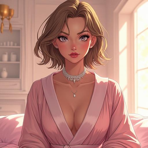 Anime character in a futuristic spa setting. Woman looks 51 years old. She has silver eyes and a beautiful face. Hair is short and light brown, wavy. She wears a modern royal queen bathrobe. 5'11, big breasts, light pink lipstick. Has white eyeshadow and piercings. Inside oversized modern royal palace spa. Relaxed expression. Wearing diamond-encrusted jewelry. Represents 8th queen of the kingdom.