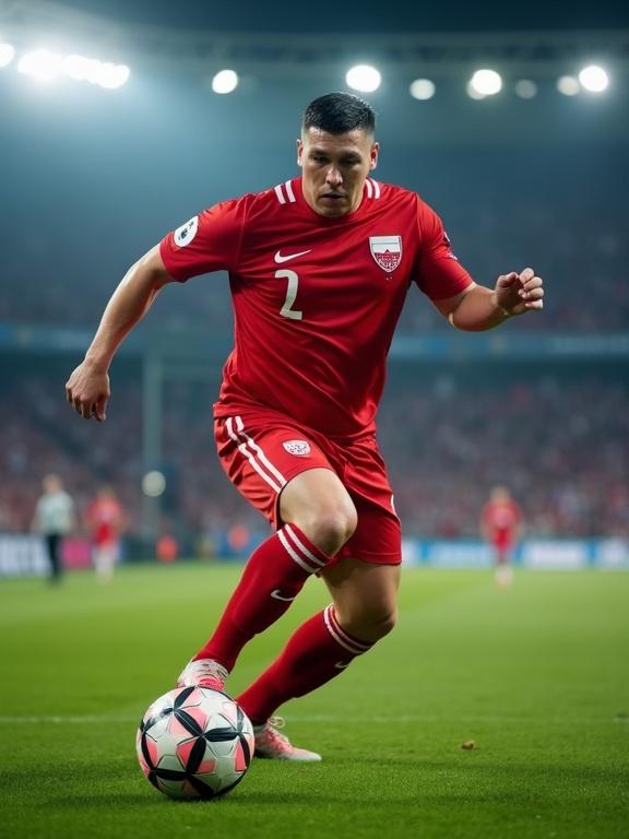 A hyper-realistic full-body photo of an overweight athlete playing football. The player wears an official team kit. Mid-action dribbling the ball with a large frame. Stadium lights and crowd enhance the sports atmosphere.