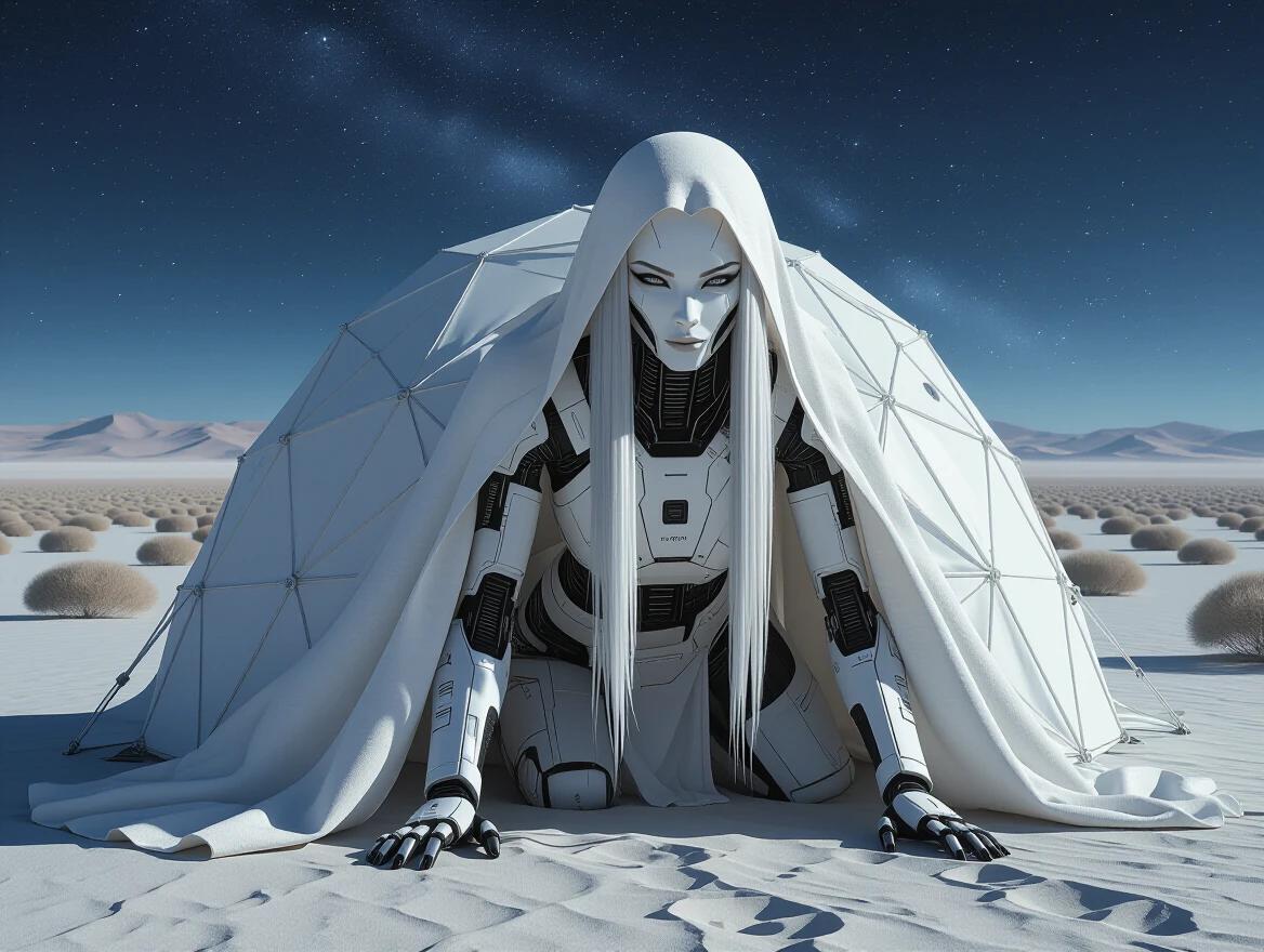 Cybernetic woman with platinum white skin and long silver black locks climbs out of a dome tent. Expansive grey alien desert surrounds her. Field of bushes stretches across the horizon under a starry sky.