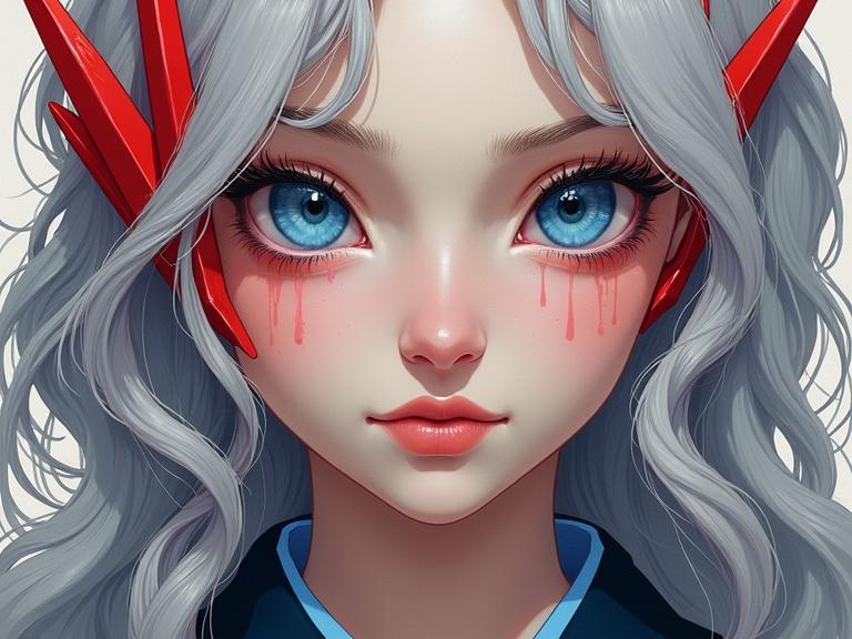 Bright surrealism art featuring a close portrait of a young mature female. She has vivid blue eyes and long wavy silver hair with red stripes. Her pale skin has patches of red crystals extending outward like blades. The character wears a navy granite kimono with bold colors and gradients.