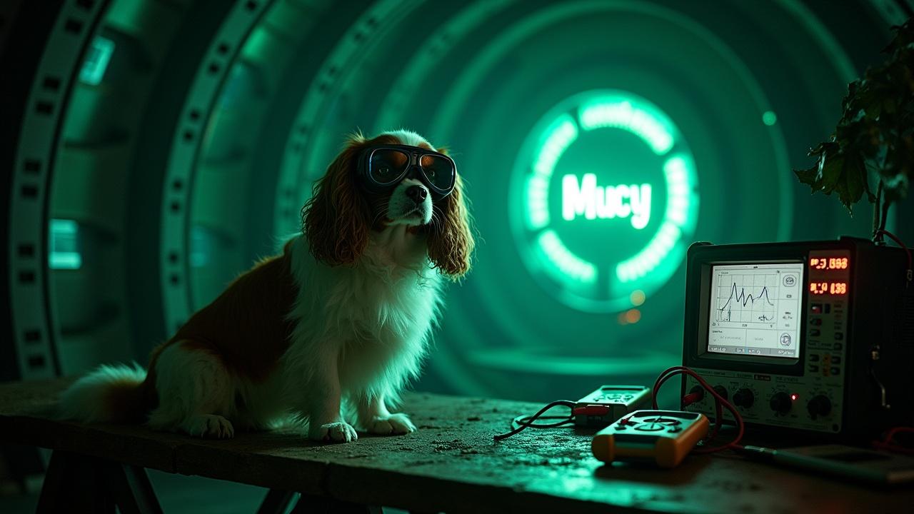 In a dark bunker, a fluffy Cavalier King Charles Spaniel sits beside a glowing portal. The dog wears welding goggles, looking both cute and cool. Next to it, high-tech oscilloscopes and multimeters display intriguing signals. The atmosphere is charged with arcs of electricity illuminating the space. The glowing green font on a screen reads 'Mucy'. This scene blends technology and pet companionship in an eerie yet captivating environment.