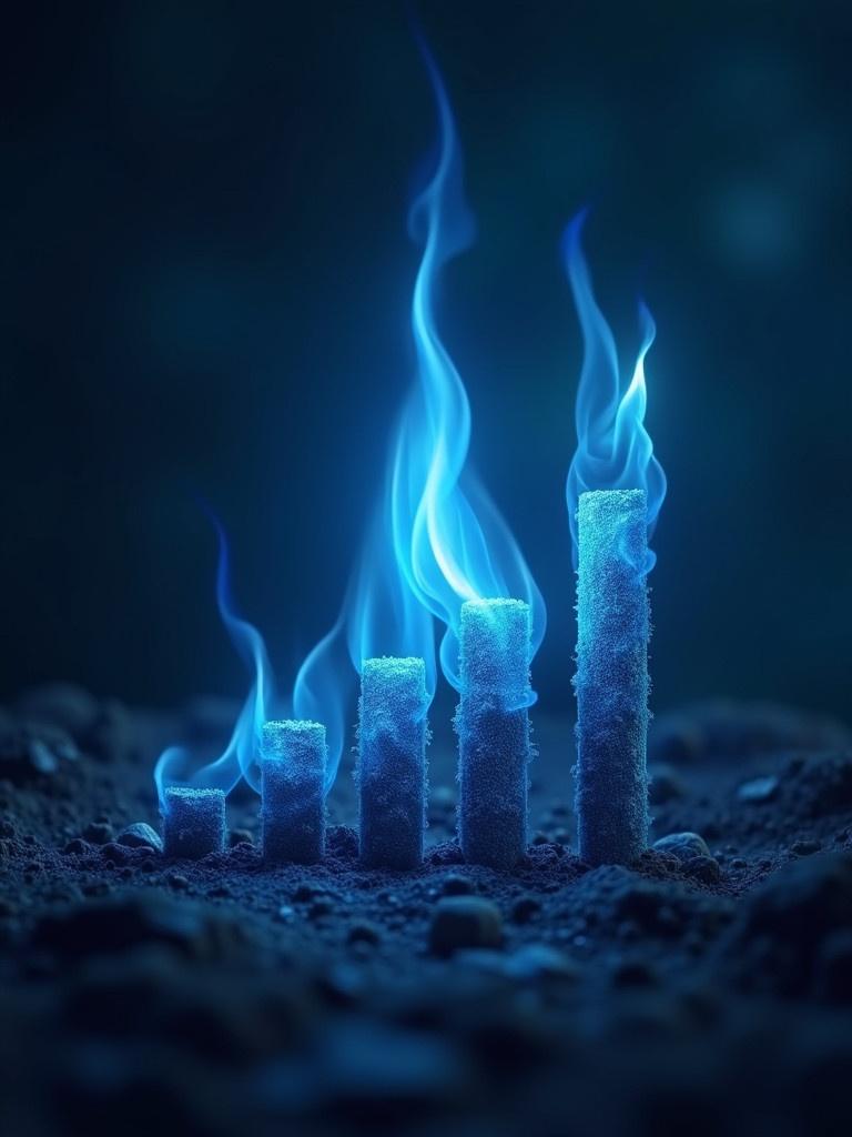 Graph showcasing growth represented by five columns resembling flames. Each flame is in a vibrant blue. The setting has a dark background enhancing the blue glow of the flames. The columns grow taller from left to right, symbolizing increasing account growth visually.