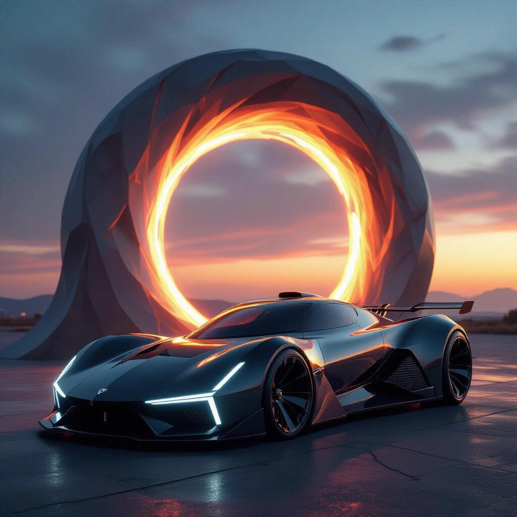 Futuristic angular dragster parked in front of a swirling alien portal during a dark sunset. The car resembles elements from brands like Lamborghini and Bugatti. The scene showcases deep grooves and dramatic textures.