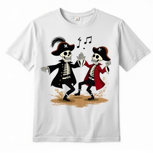White t-shirt features graphic of two cartoon skeleton pirates dancing on dusty ground. One pirate wears black coat and hat, the other in red coat and hat. Musical notes above their heads indicate music is playing. The style is whimsical and illustrative.