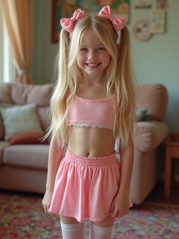Girl standing in a living room wearing a pink crop top and micro skirt. She has long blonde hair with bows, a bright smile. Decor includes a colorful rug and soft decor elements.