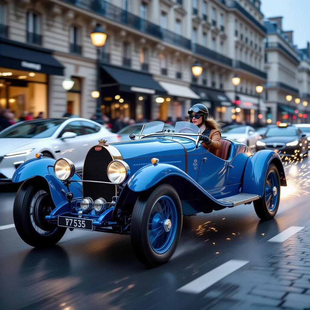 Photorealistic urban scene of a blue 1924 Bugatti T35 speeding on the Champs-Élysées in Paris. Driver has determined eyes behind goggles and gloved hands on the steering wheel. Background shows self-driving pods and holographic ads, blurred for motion effect. Sparks flying from cobblestone contact. Shot taken during golden hour with mist.