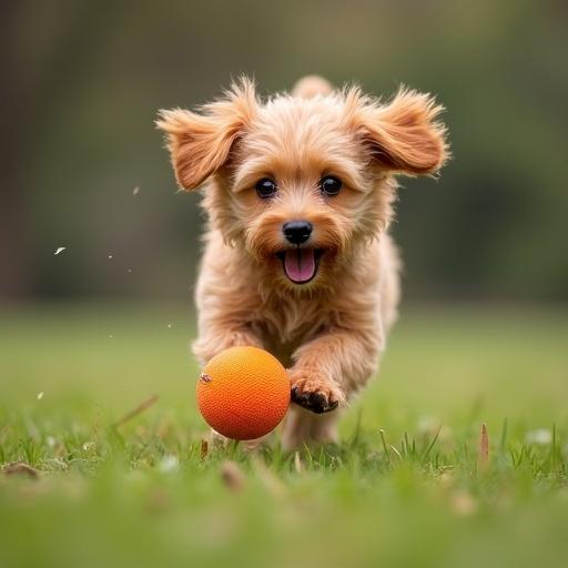 A playful chipoo dog runs on grass with an orange ball in its mouth. The dog looks excited and happy, showcasing its playful nature. Bright colors and natural sunlight enhance the cheerful scene.