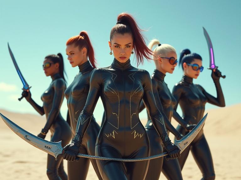 Close-up image of five female heroes in sleek sci-fi bodysuits posing with weapons. A short pale woman holds ninja stars. A tall mixed-race woman has a golden outfit and blades. A platinum blonde girl has a glowing wand. Another woman has a futuristic disk blade. An Asian woman holds a blue sword. The scene is set in a sunny desert.
