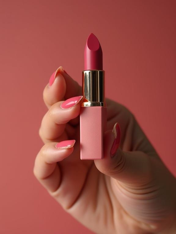 High-end studio product photography of lipstick held delicately in a woman's hand with manicured nails. Soft studio lighting emphasizes details. Ultra-high resolution with hyper-realistic textures. Minimal backdrop creates an elegant and polished composition.