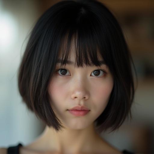 Japanese girl 18 years old with short dark bob hair with front lighting