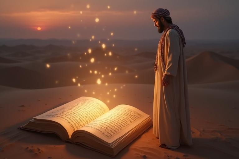 3D image of large open Qur'an scroll on desert ground glowing in twilight. Hazrat Umar stands beside it, calm and dignified, gazing at illuminated pages. Words like 'Taqwa', 'Justice', 'Accountability', and 'Fear of Allah' float from pages, reflecting onto him. Spiritual and cinematic Islamic art.
