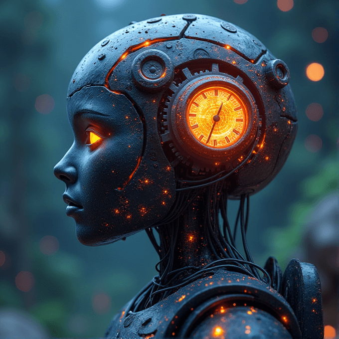 A futuristic robot with glowing orange eyes and an intricate clock embedded in its head, displaying a fusion of steampunk and cyber elements.