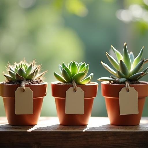 Serene still life of three potted succulents illuminated by soft daylight. Terra cotta pots filled with cacti and succulents. Each pot with blank paper tag suspended by twine. Rustic wooden shelf enhances the natural feel. Atmospheric lighting highlights textures.